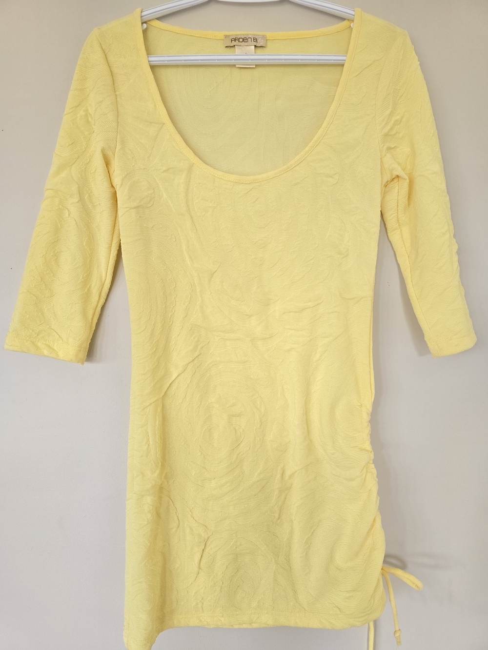 Arden B Yellow Mini Dress Side Tie. Scoop Neck. 3/sleeve. Small.